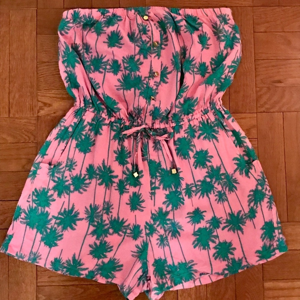 Strapless pink romper with palm tree print - Picture 3 of 7